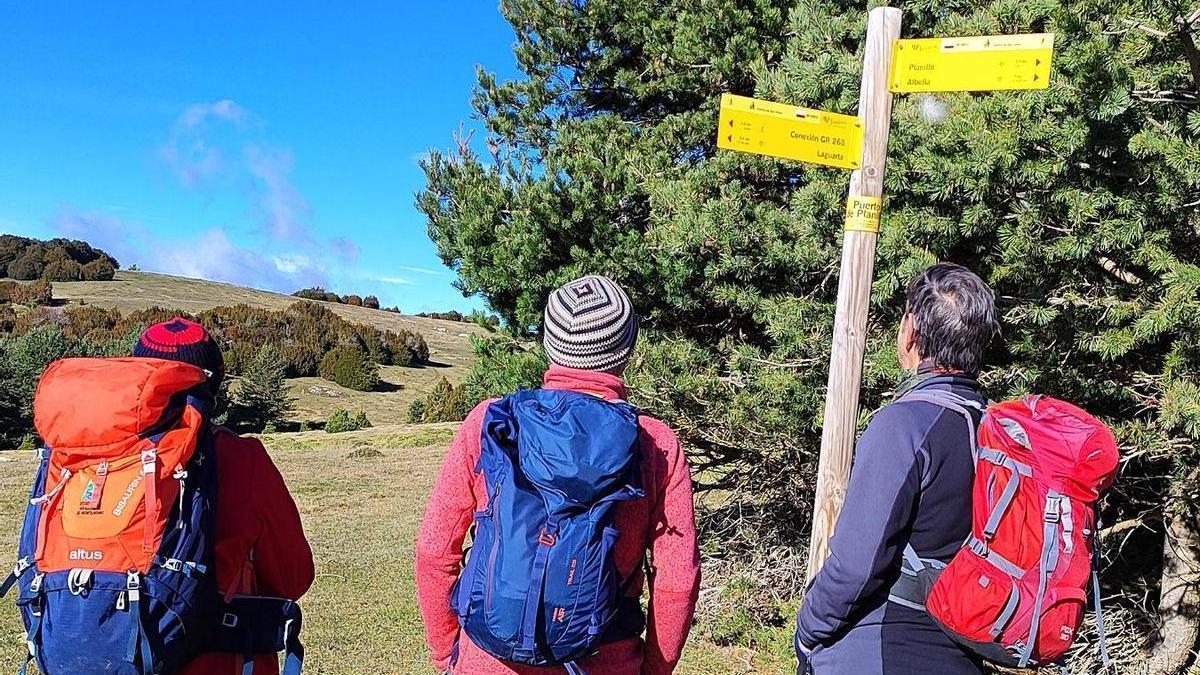 Tres senderistas observan la señalización en medio del recorrido en las Mallatas de Albella.
