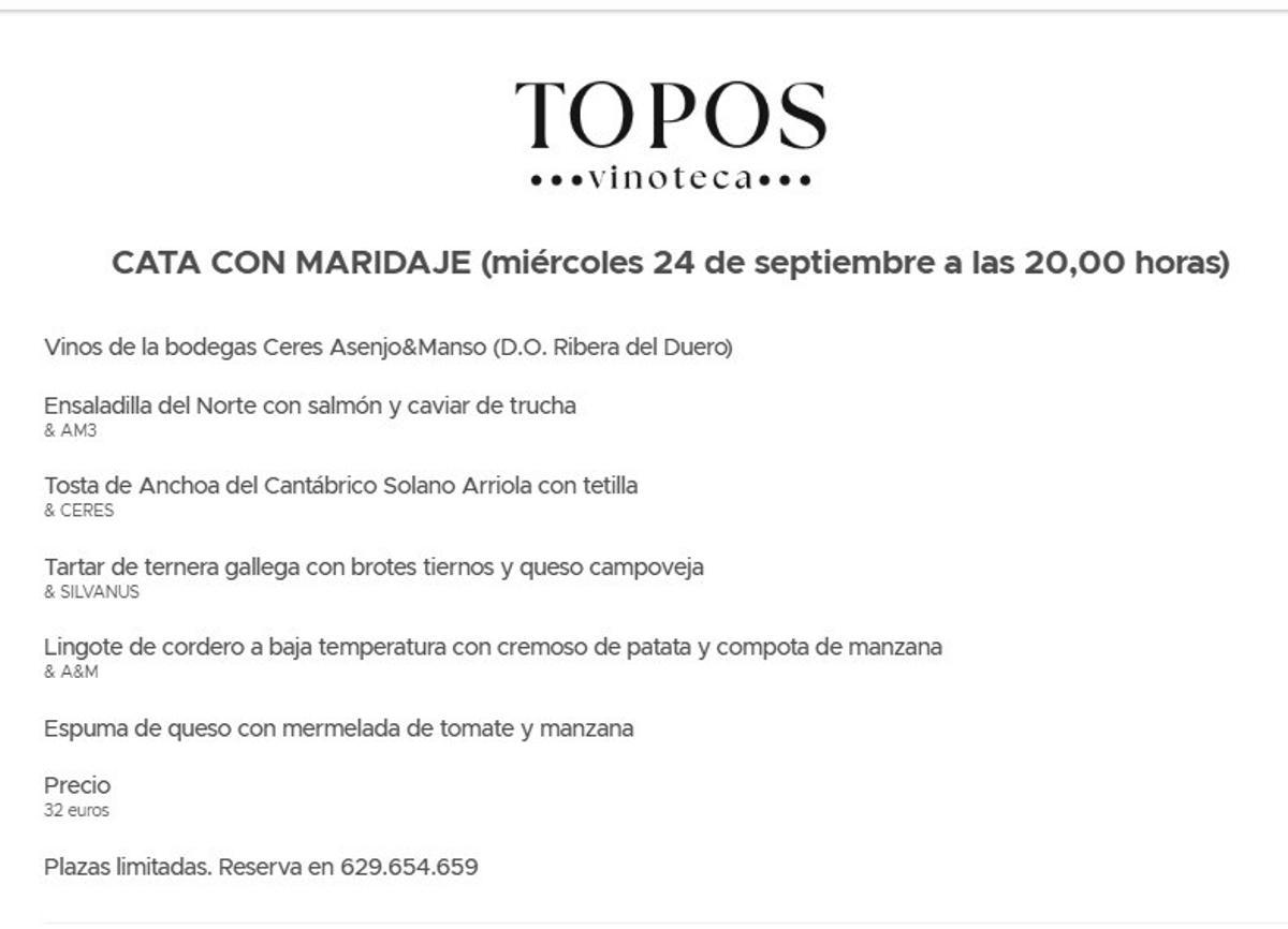 Menú Vinoteca Topos.
