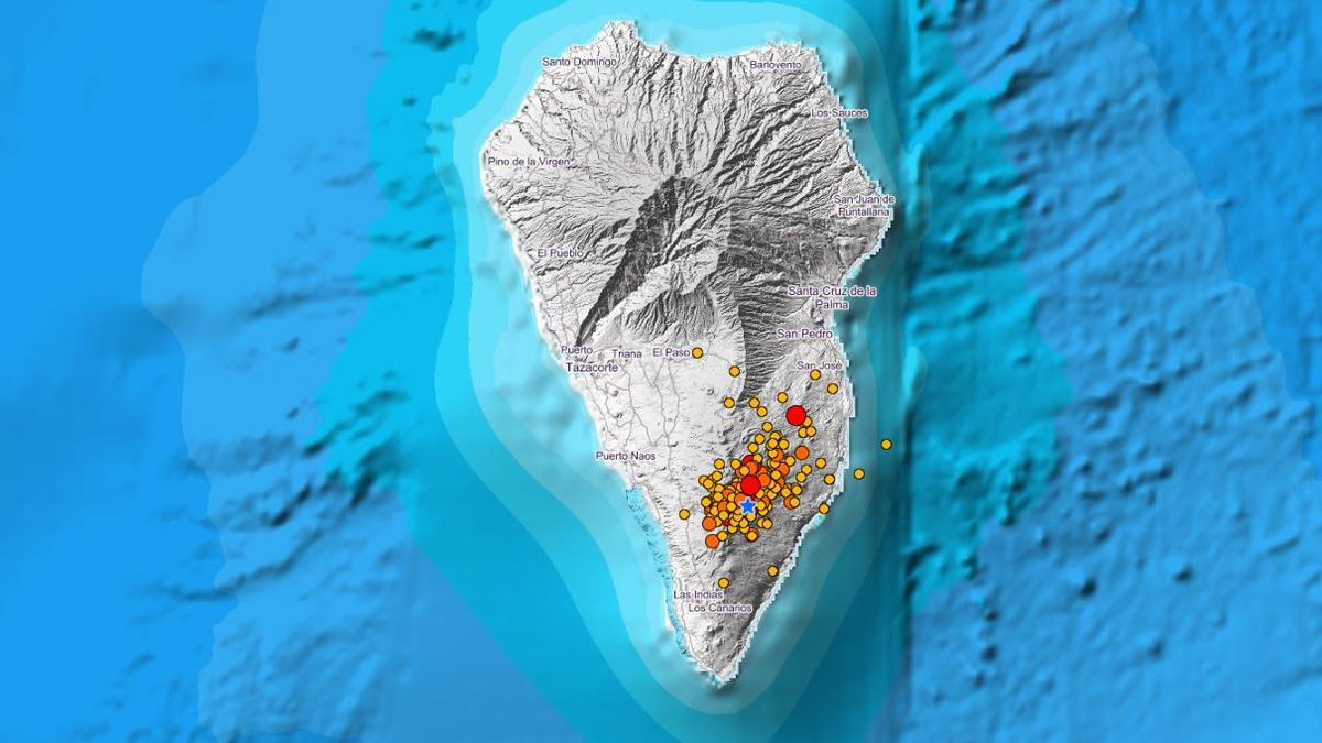 Localización de los terremotos asociados al volcán de La Palma durante los últimos tres días.