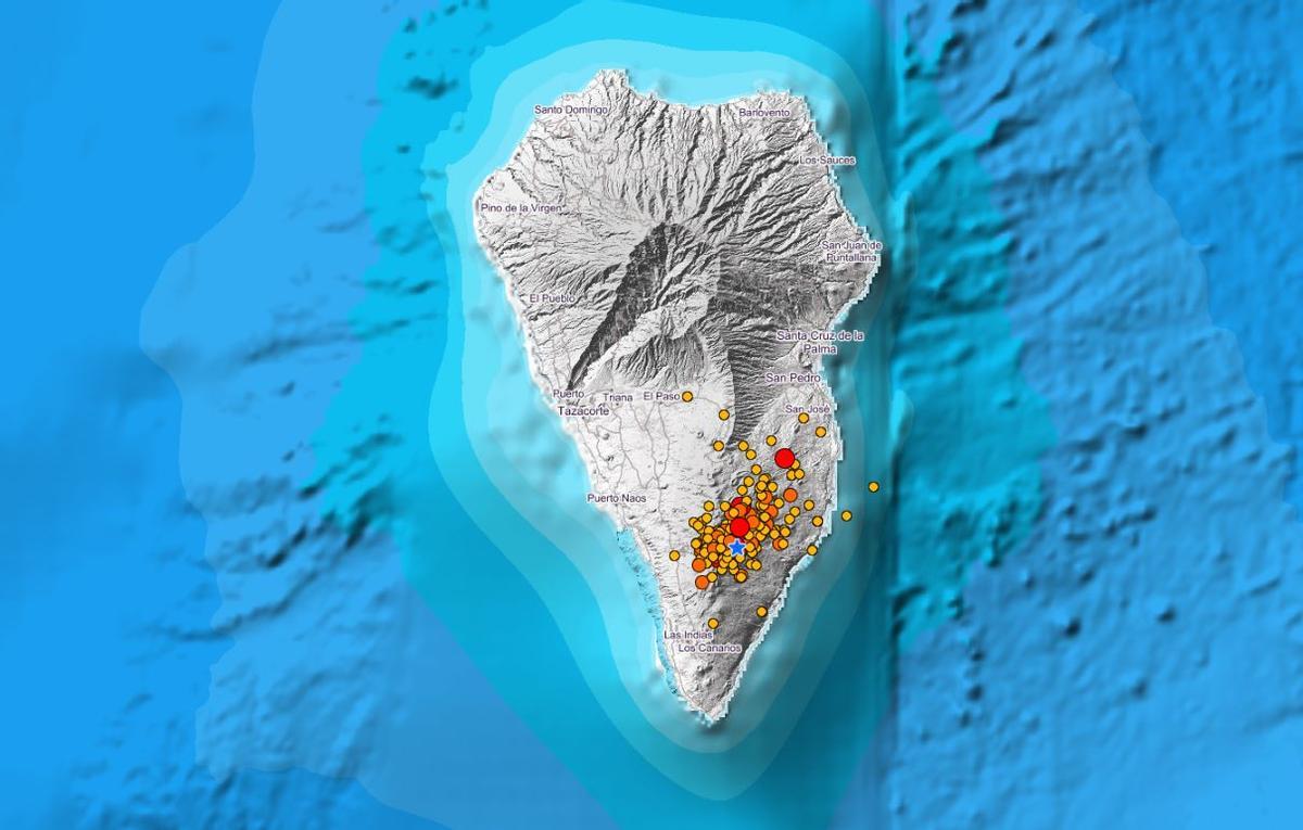 Localización de los terremotos asociados al volcán de La Palma durante los últimos tres días.