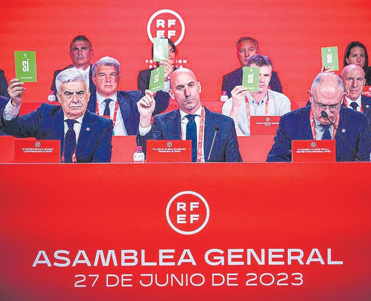 Por la izquierda, Pedro Rocha, Luis Rubiales y Andreu Camps en una asamblea de la RFEF.