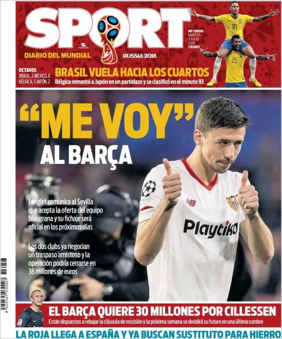 Portada SPORT  martes 3 de julio de 2018