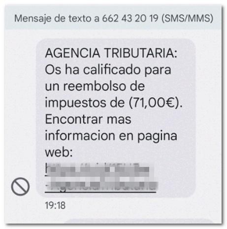 Imagen de la campaña de "smishing" sobre la que alerta la Agencia Tributaria.