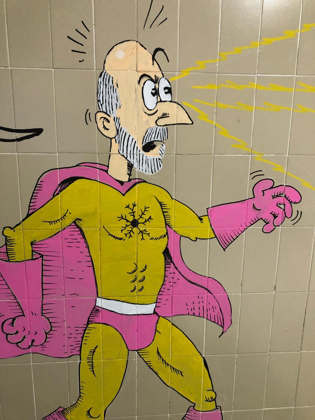 El premio Nobel de Medicina caracterizado como superhéroe en el mural del IES Ramón y Cajal de Zaragoza.