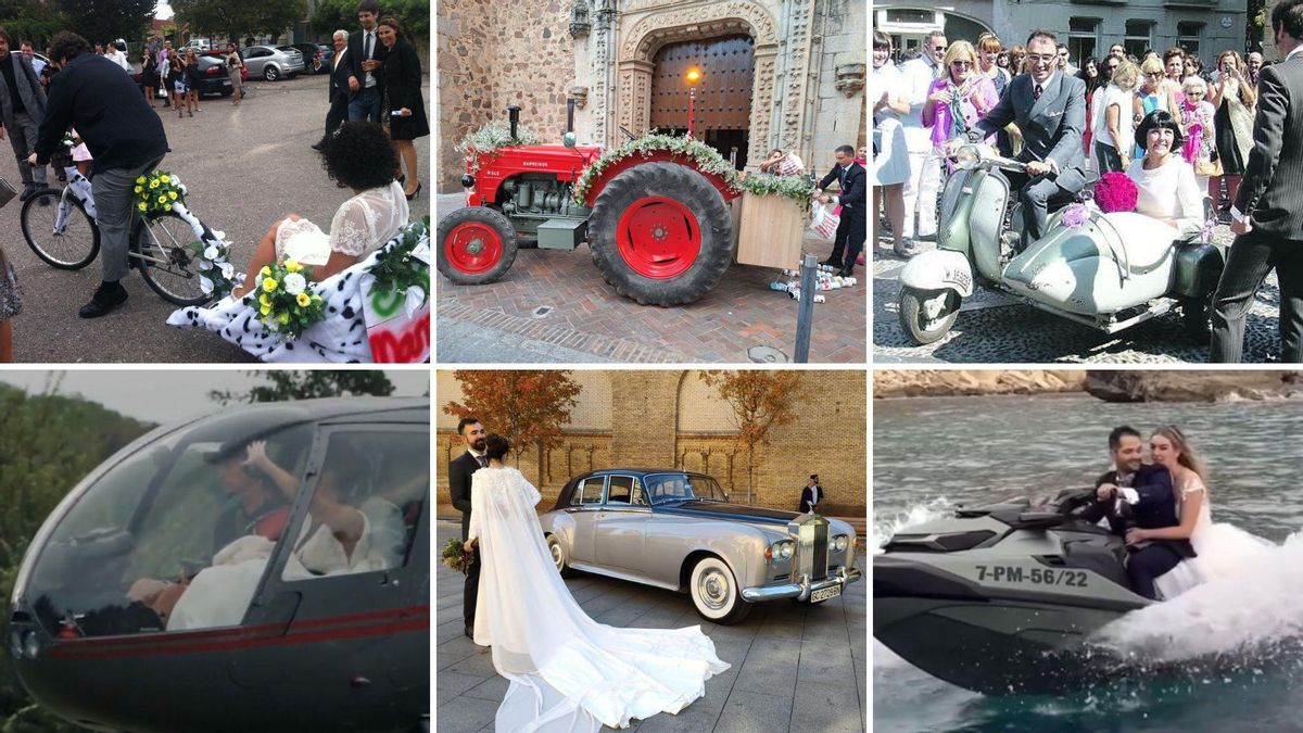Distintos medios de locomoció para el traslado de los novios en su boda.