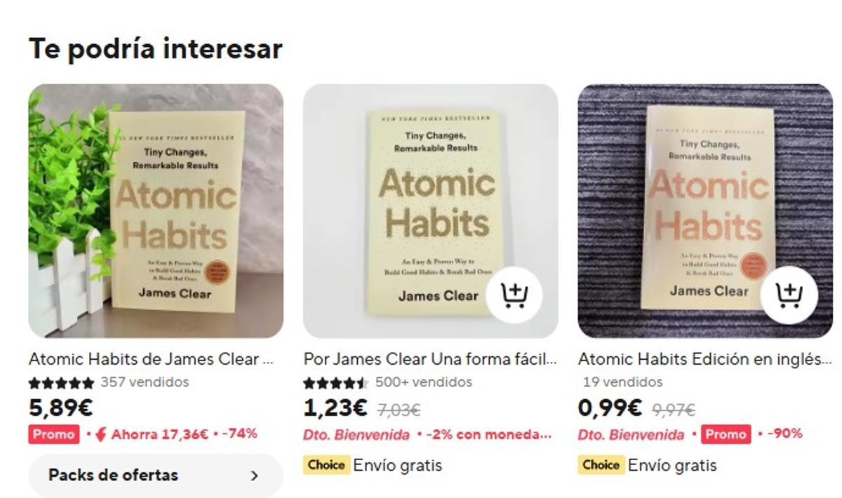 Ejemplares falsificados de 'Atomic Habits', de James Clear, en una plataforma de venta online
