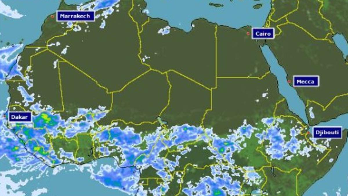 Evolución prevista de la tormenta tropical hacia Canarias desde África el domingo.