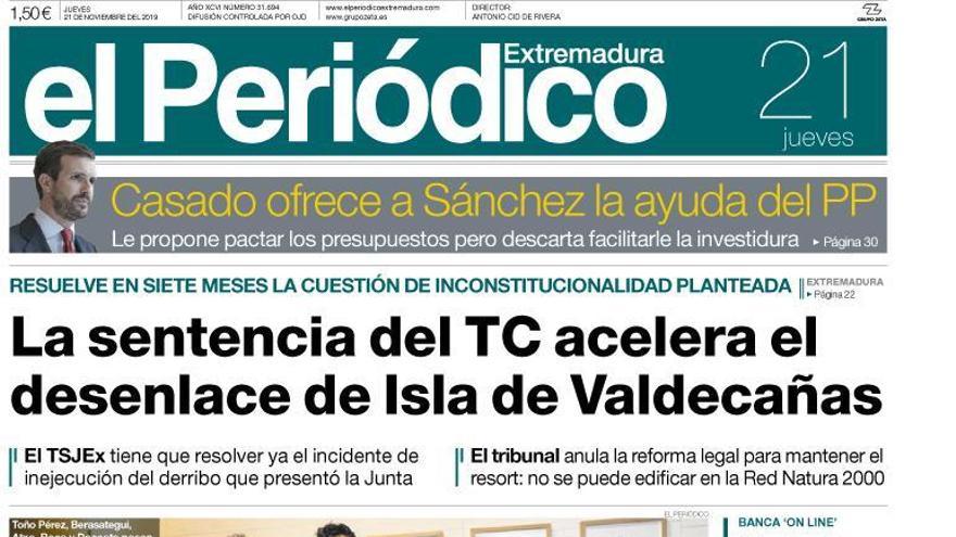 Esta es la portada de EL PERIÓDICO EXTREMADURA correspondiente al día 21 de noviembre del 2019