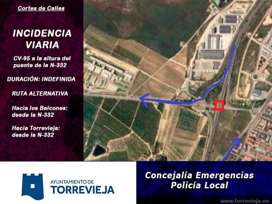 Imagen del acceso norte de alternativa al corte de la CV-95 desde la N-332 para el Hospital Universitario, Los Balcones, CV-95 hasta San Miguel- Bigastro- Orihuela y Orihuela Costa