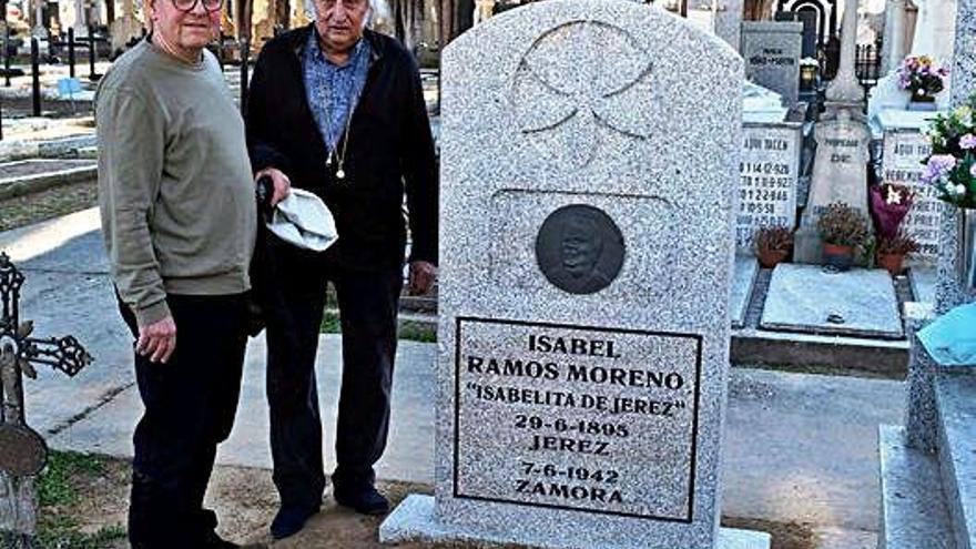 Christoph Strieder y José Ignacio Primo junto a la tumba de Isabelita de Jerez en Zamora.