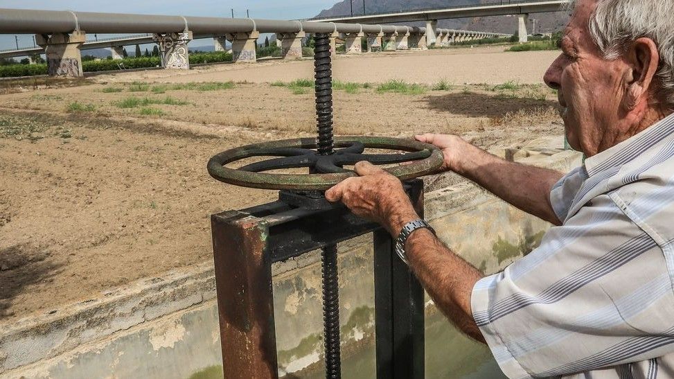 Un agricultor levanta la tapa para que pueda entrar agua del Tajo en su explotación en el Campo de Elche.