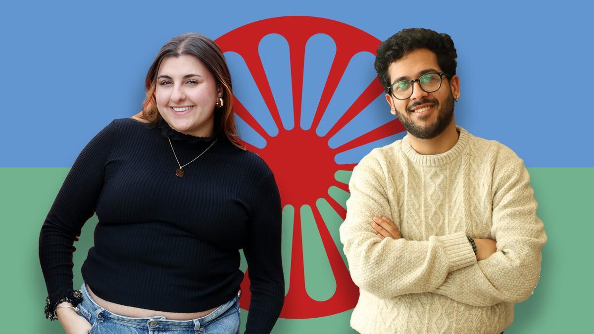Montaje con Nahir Jiménez, estudiante universitaria de publicidad, y Francisco Javier Jiménez, abogado y técnico de Igualdad de FSC Galicia, delante de la bandera gitana