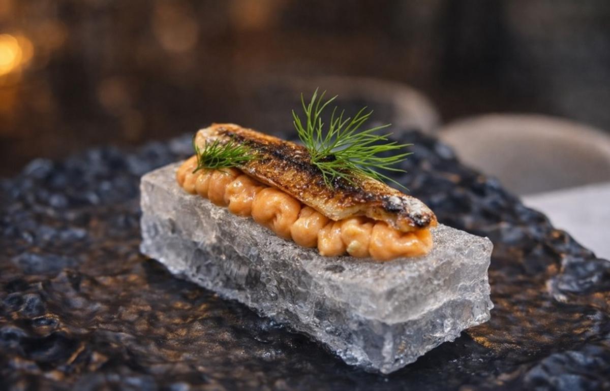Sardina ahumada sobre pan de cristal, receta de Adrià adaptada a la gastronomía gallega con É restaurante de Marín.