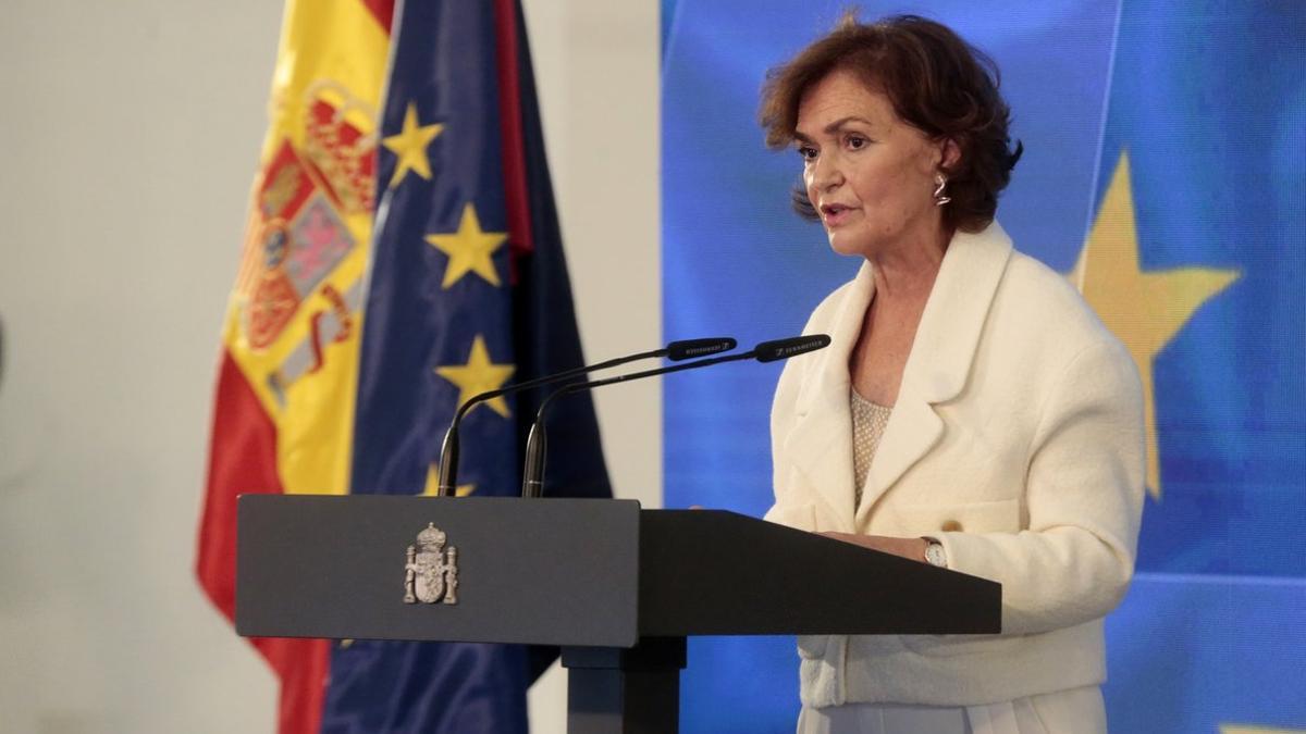 La vicepresidenta primera, Carmen Calvo, durante la presentación del plan de recuperación, este 7 de octubre en la Moncloa.