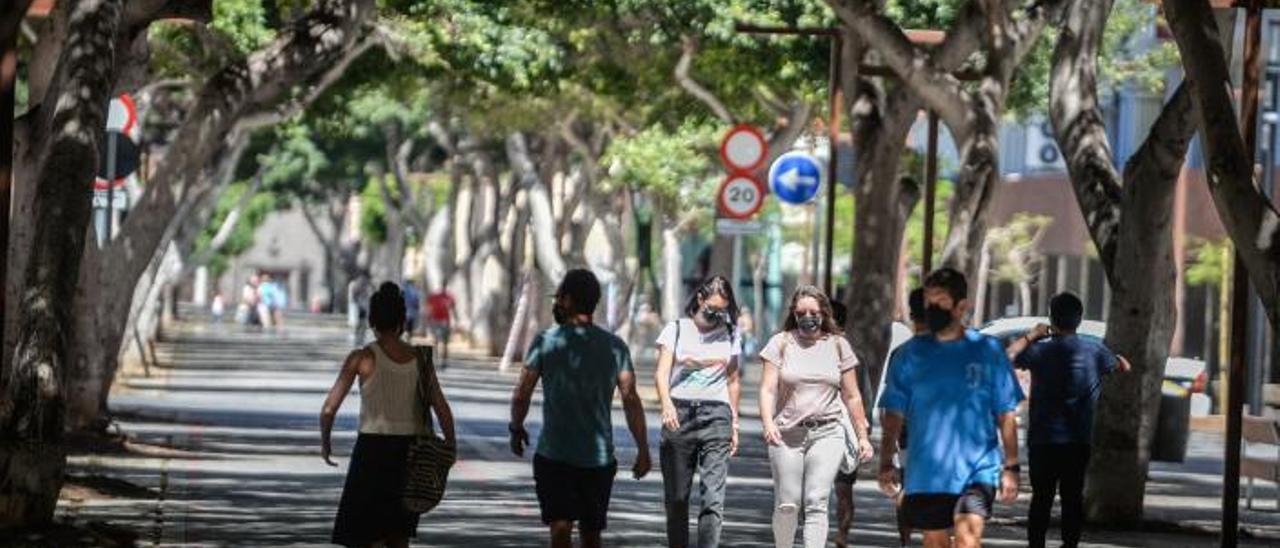 Grupos de personas pasean con mascarillas por la avenida José Mesa y López de la capital grancanaria. | | JOSÉ CARLOS GUERRA