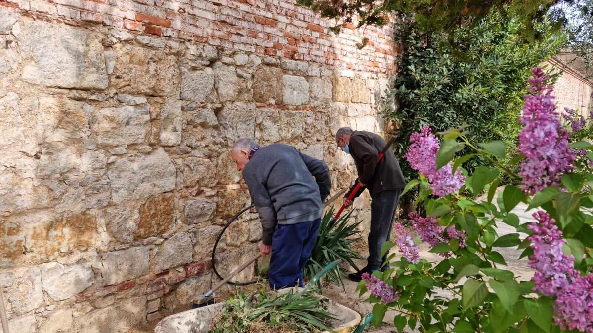 Dos usuarios labran el huerto del centro multiservicios de AFA en Toro