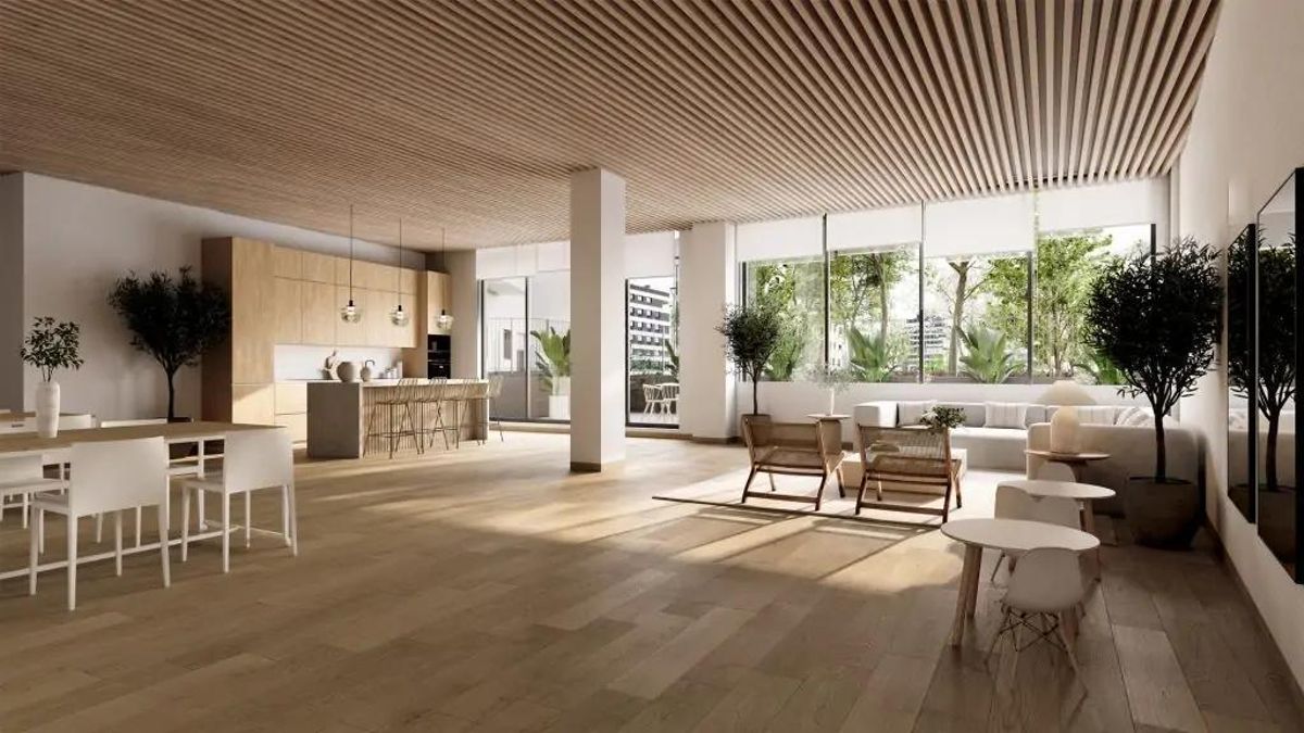 Sala comun de la nueva promocion Satia de AEDAS Homes en Murcia capital.