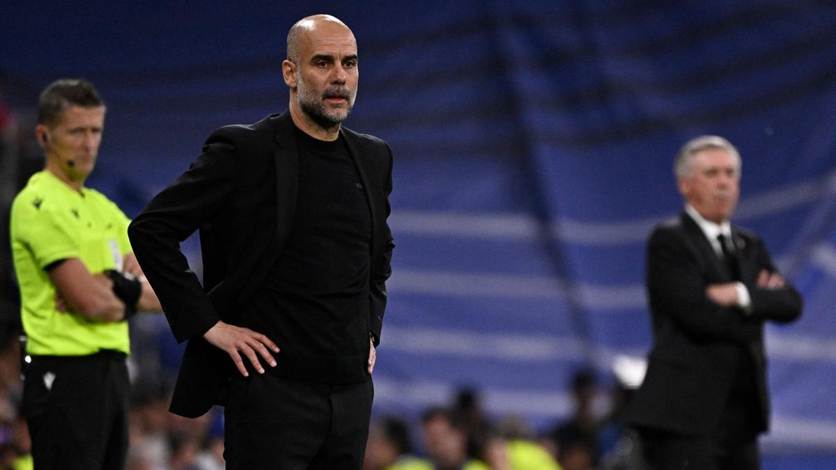 Pep Guardiola y Carlo Ancelotti, en el partido de ida en el Santiago Bernabéu