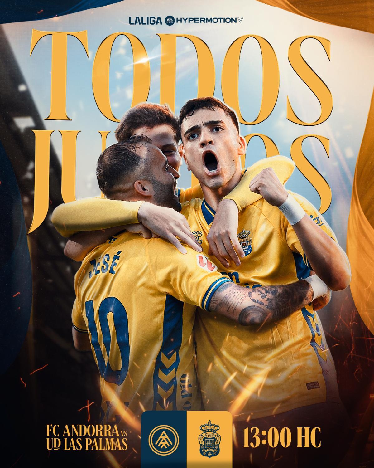 Rótulo promocional del pulso ante el Andorra con la frase 'Todos juntos' y el abrazo de Mika y Jesé con Ale, que será suplente.