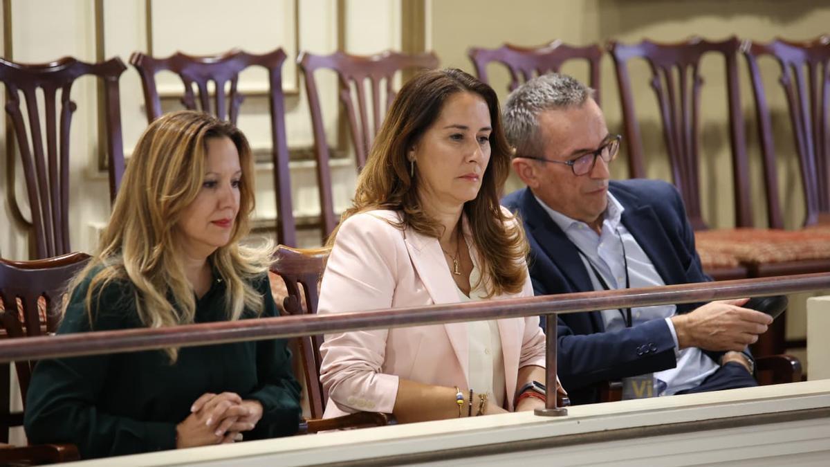 Las presidentas de los cabildos de Tenerife, Rosa Dávila (i) y Fuerteventura,Lola García, junto al vicepresidente de la corporación tinerfeña José Miguel Ruano en la tribuna de invitados del Parlamento de Canarias
