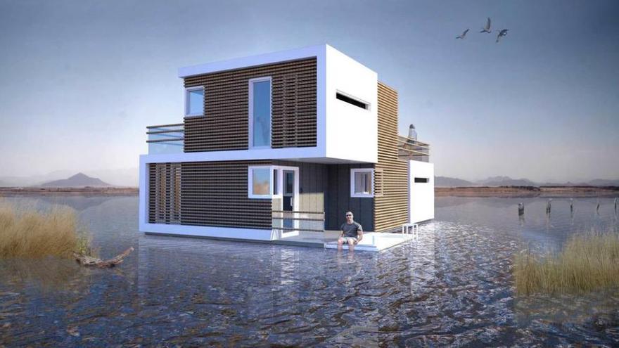 Imagen promocional del proyecto &quot;Prenuptial Housing&quot;, con una vivienda instalada sobre el agua.