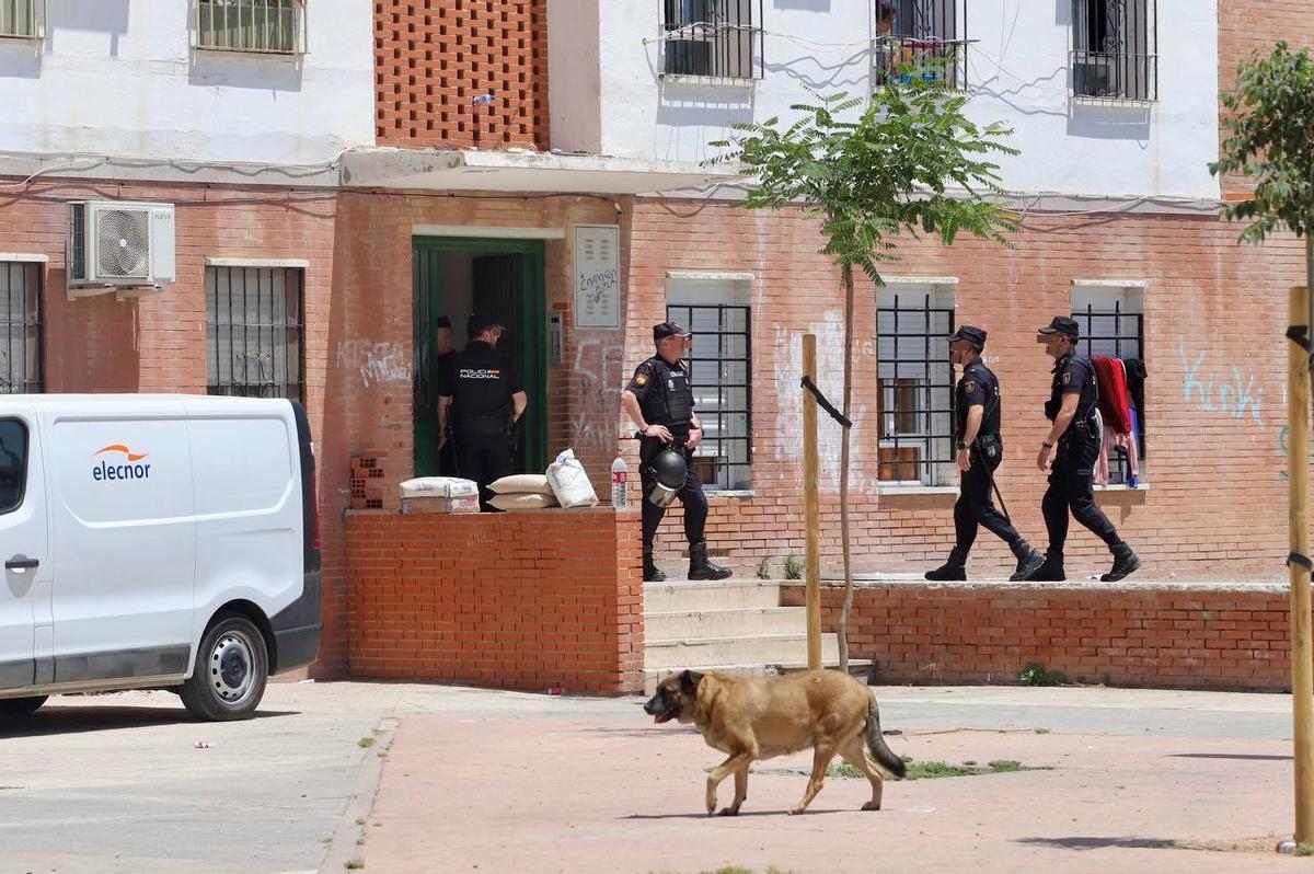 Policías nacionales durante la redada y los registros de una operación antidroga en Las Palmeras.