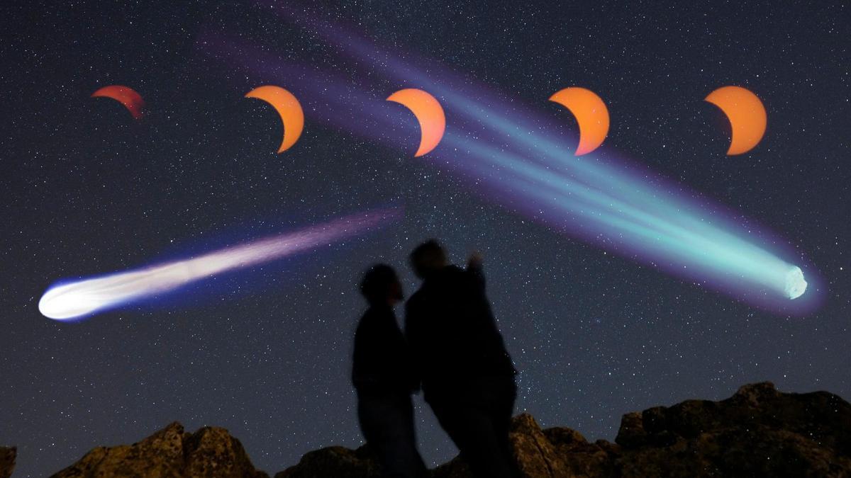 Combinación de cometas, eclipses y fases lunares en un cielo estrellado.