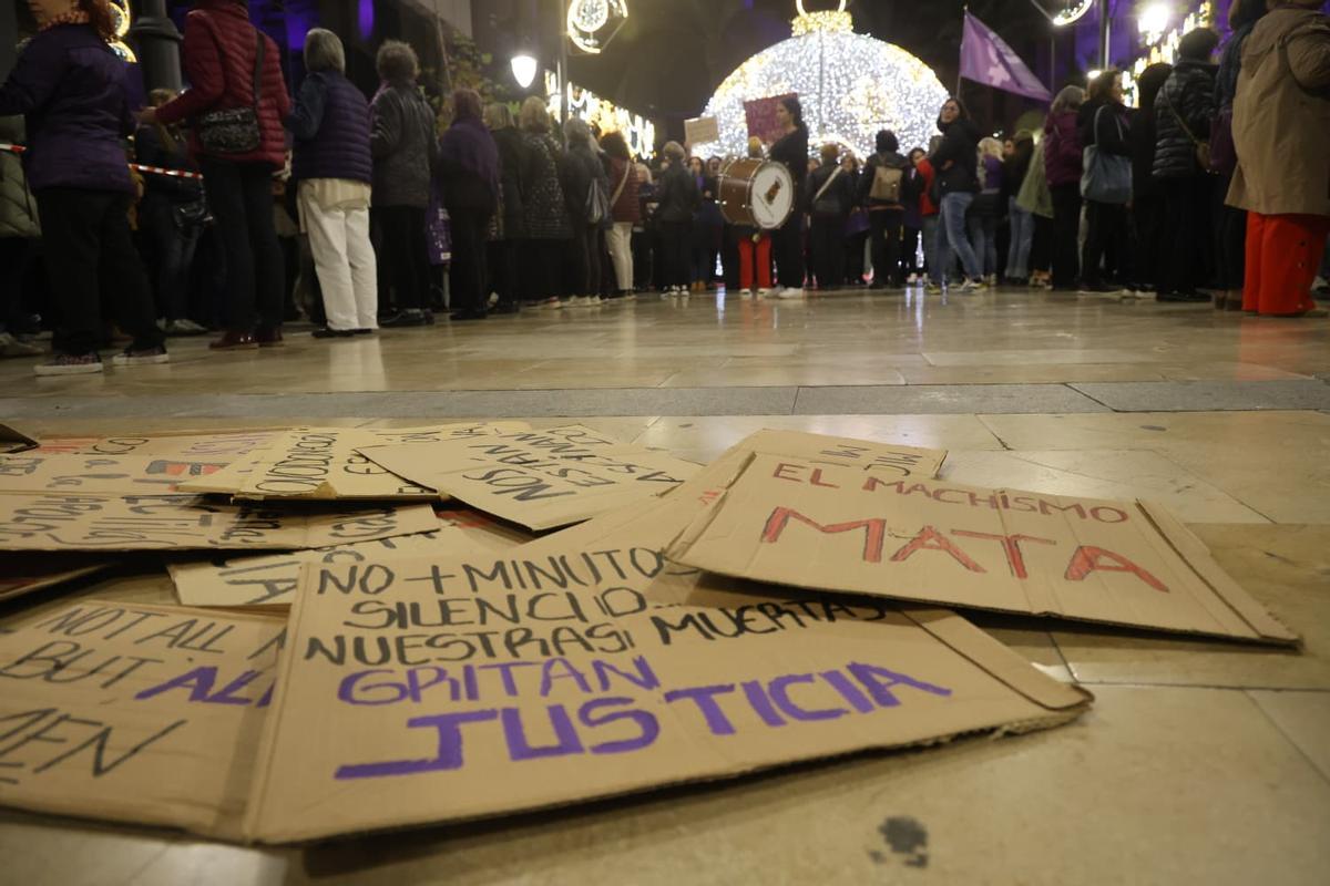 Carteles mostrados durante la concentración por el 25-N en Alicante.