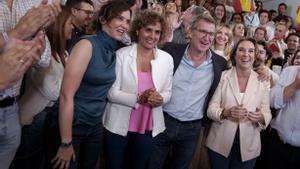 Madrid. 10.06.2024. Isabel Díaz Ayuso, Dolors Montserrat, Albert Núñez Feijóo y Cuca Gamarra celebran la victoria del PP en las elecciones europeas