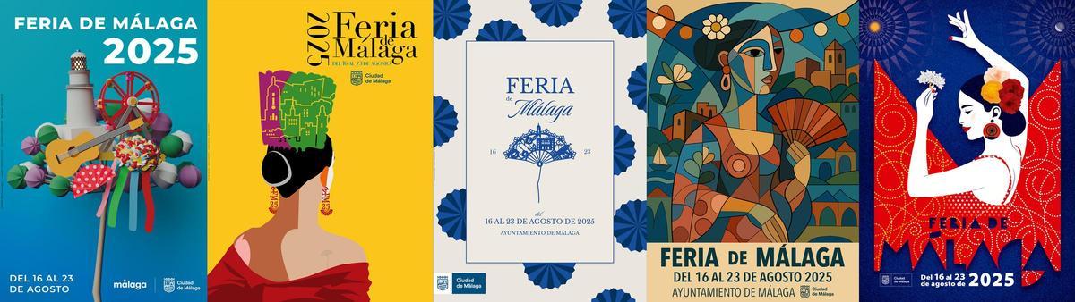 Los cinco candidatos a ser el cartel de la Feria de Málaga de 2025: 'Málaga, Biznaga de Arte', 'Tattoo', 'Aires de Málaga', 'Málaga Cubista' y 'Lady Málaga