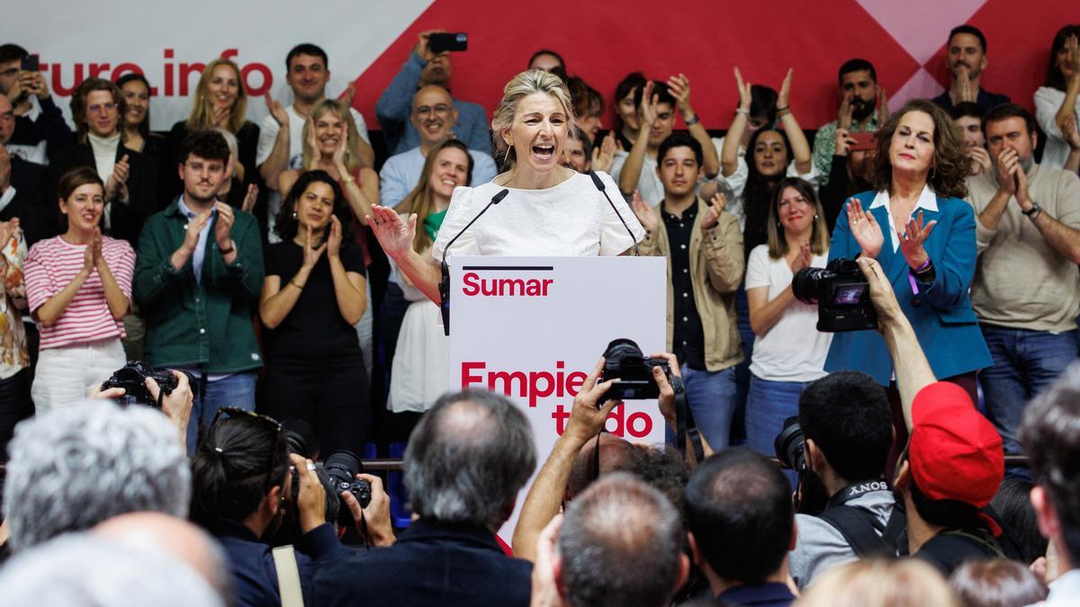 La vicepresidenta segunda, Yolanda Díaz, interviene durante un acto de Sumar.