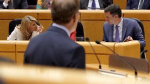 Madrid. 25.04.2023. Cara a cara en el Senado de Pedro Sánchez, presidente del Gobierno y Alberto Núñez Feijóo, Partido Popular. Yolanda Díaz y Pedro Sánchez hablan durante la intervención de Feijóo.