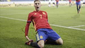 Gerard Deulofeu celebra un gol marcado a Austria en la fase de clasificación.