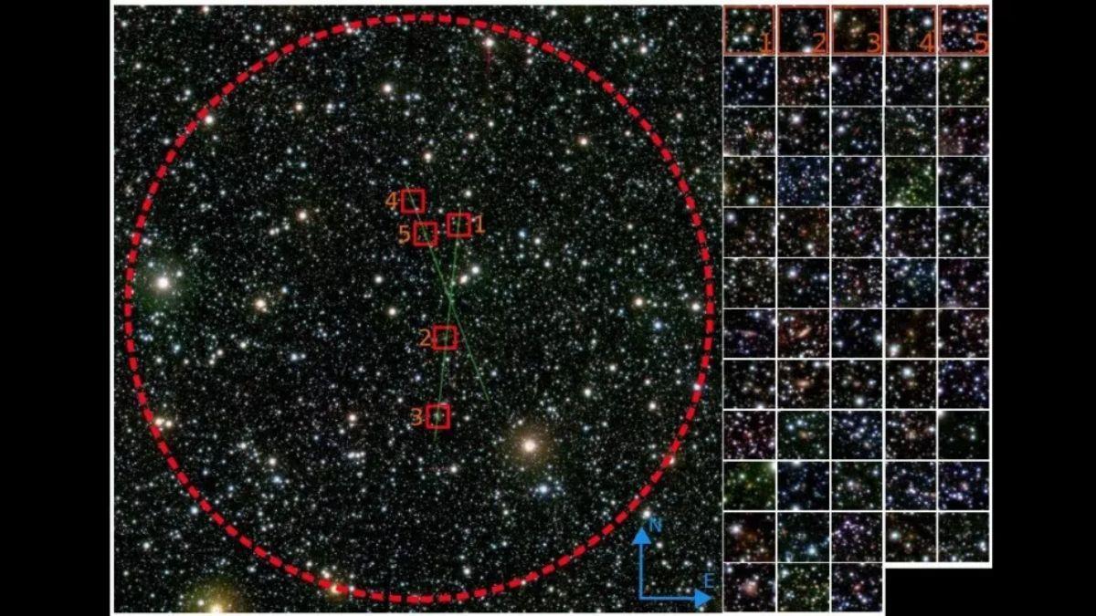 Esta imagen compuesta muestra las 58 galaxias agrupadas en la &quot;zona de evasión&quot;, detrás de la Vía Láctea.