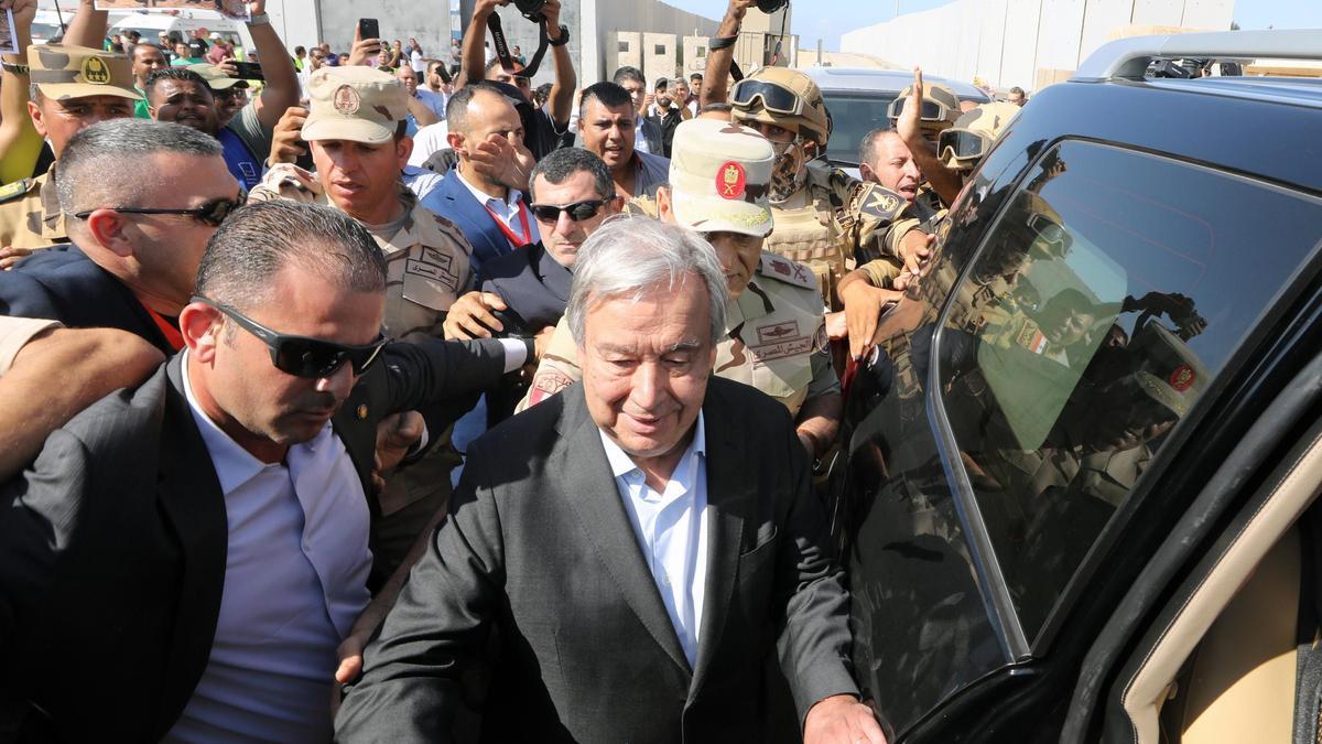 UN Secretary-General Antonio Guterres holds press conference at Rafah border crossing