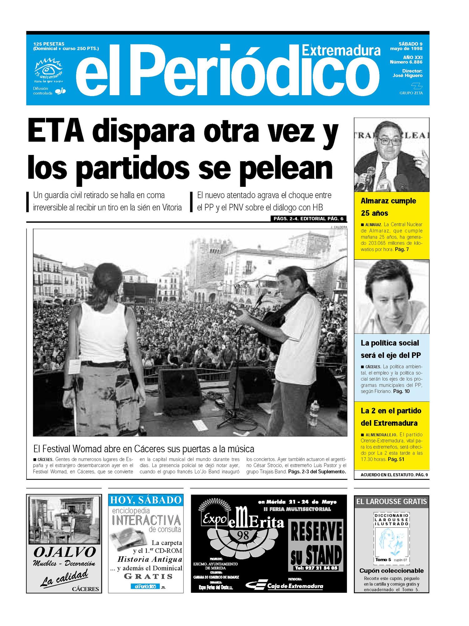 Portada de El Periódico Extremadura el 9 de mayo de 1998.