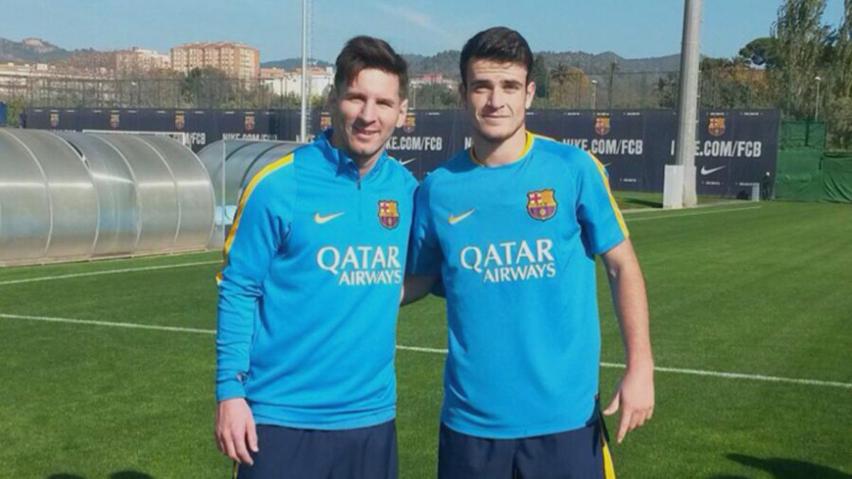 Leo Messi y Adrián Guerrero, en un entrenamiento la temporada pasada