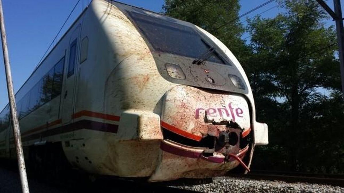 Locomotora accidentada del tren pel xoc amb cavalls. Locomotora accidentada del tren pel xoc amb cavalls.