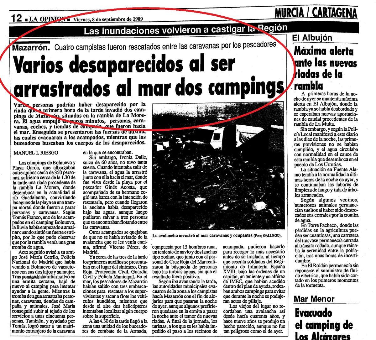Página del 8 de septiembre de 1989 de La Opinión informando de la riada en Mazarrón.
