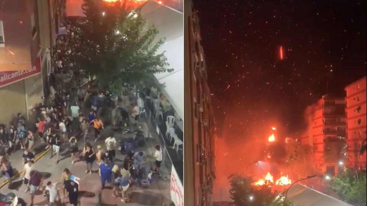 Varios fotogramas del vídeo de la estampida del público debido a los restos del fuego procedente de la Cremà del monumento