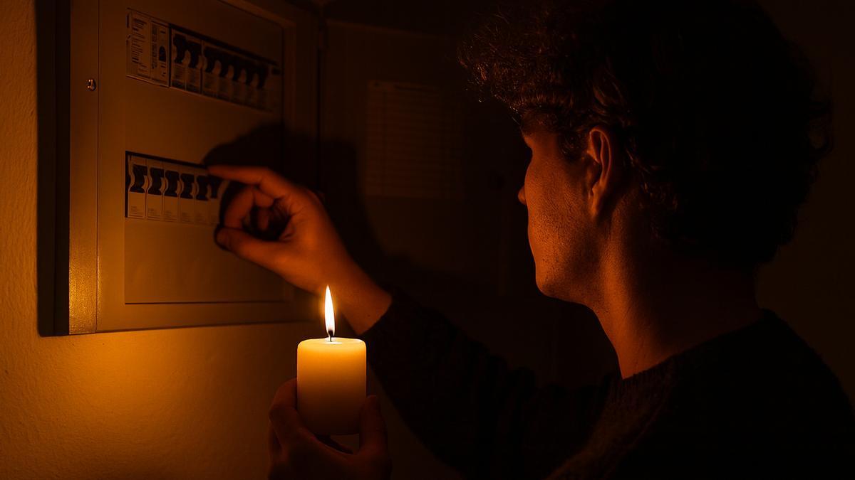 Un veí al costat d'un comptador de llum amb una espelma.