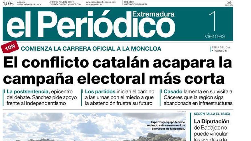 Esta es la portada de EL PERIÓDICO EXTREMADURA correspondiente al día 1 de noviembre del 2019