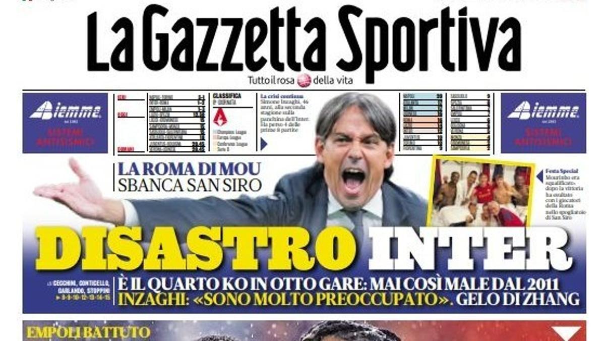 La portada del diario italiano 'La Gazzetta dello Sport' tras la derrota del Inter.