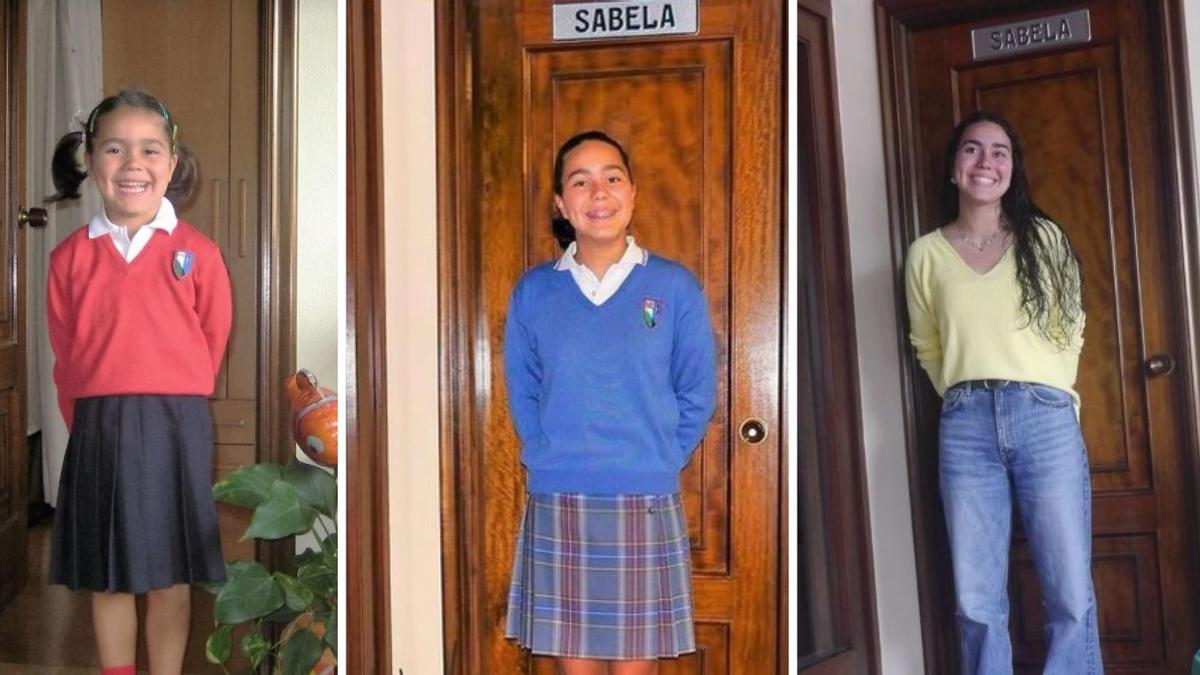Tres inicios de curso de los 19 que el padre de Sabela captó con su cámara frente a la puerta de su habitación, en su casa de Vigo.