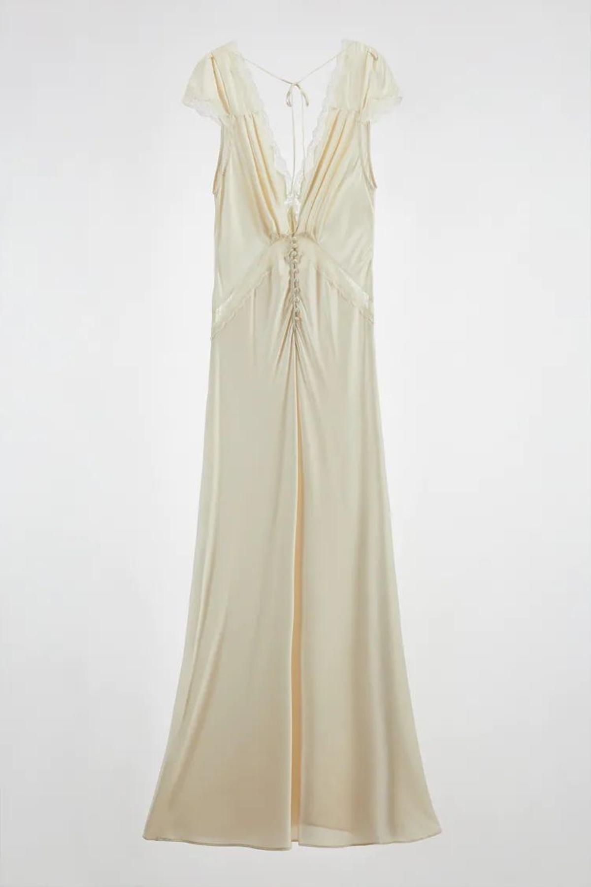 Vestido largo de seda morera con encaje de Zara