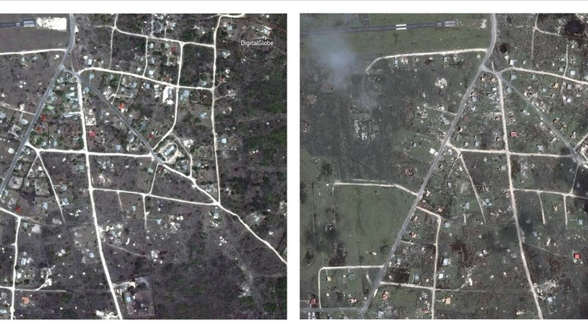 Combo de imágenes de satélite que muestran Codrington, en Antigua y Barbuda, antes y después de ser arrasada por el huracán 'Irma'.