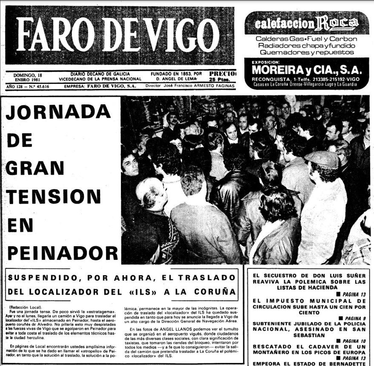 Portada de FARO DE VIGO del 18 de enero de 1981.