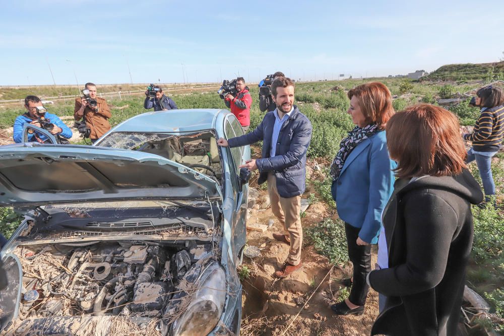 El presidente del PP, Pablo Casado, visita la zona de Almoradí en la que se rompió la mota del Segura