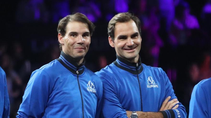 Archivo - Rafael Nadal y Roger Federer junto a Dominic Thiem y Bjorn Borg durante la Laver Cup 2019