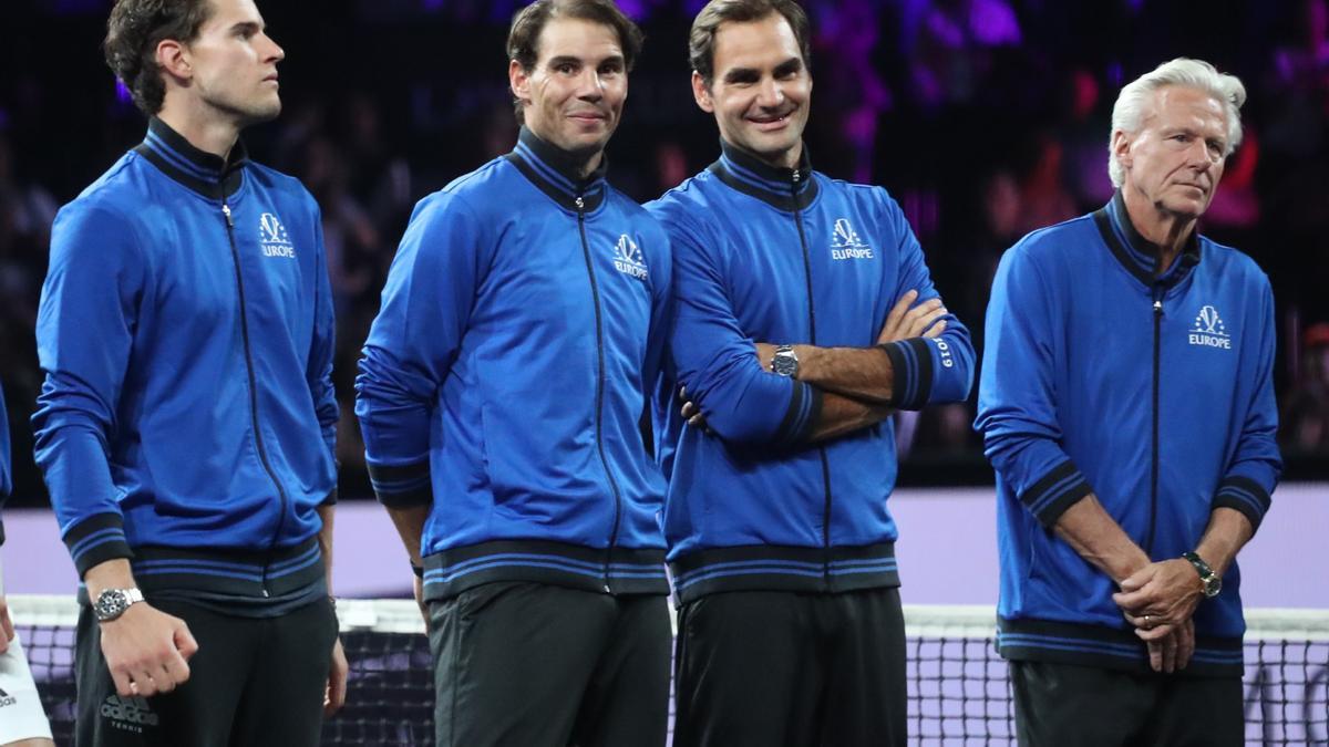 Nadal y Federer junto a Dominic Thiem y Bjorn Borg durante la Laver Cup 2019
